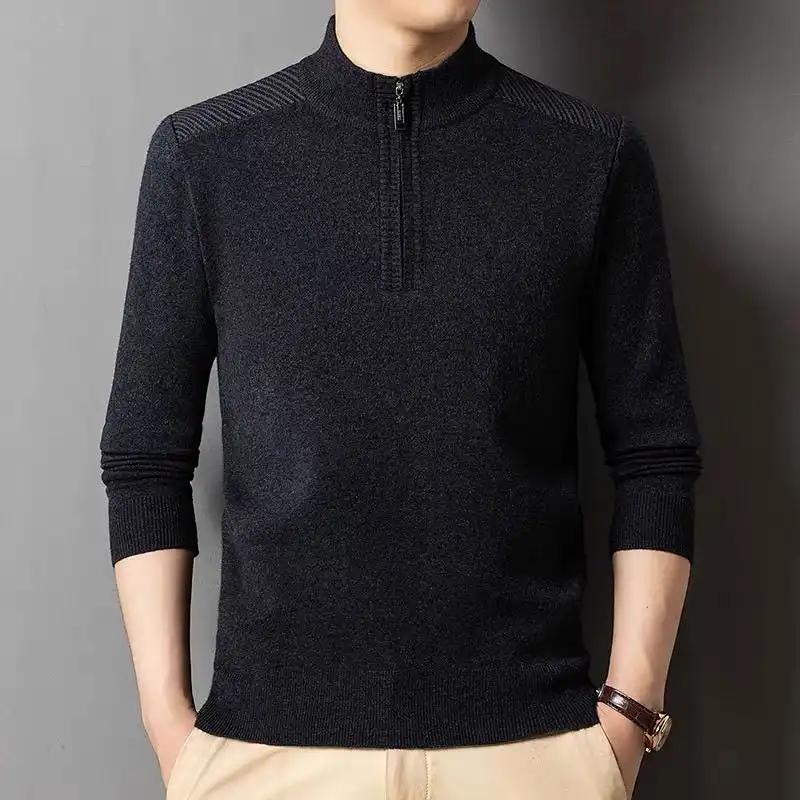 Zimní pánský svetr se stojáčkem ze silné vlny, zateplený základní pletený svetr na zip pro muže středního věku