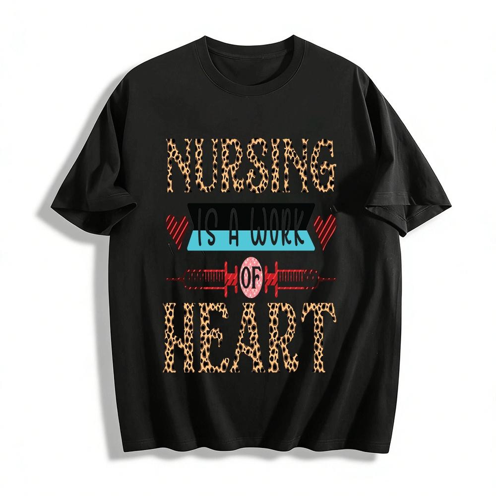 Nursing Is A Work Of Heart Leopard Print Nurse Tee Pure cotton T-shirt XXS