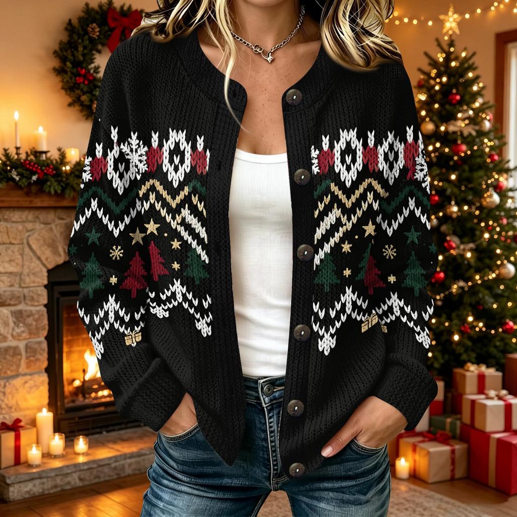 Damen Weihnachtsdruck Langarm Offen Vorne Strickjacke Lässiger Feiertags Pullover Mantel