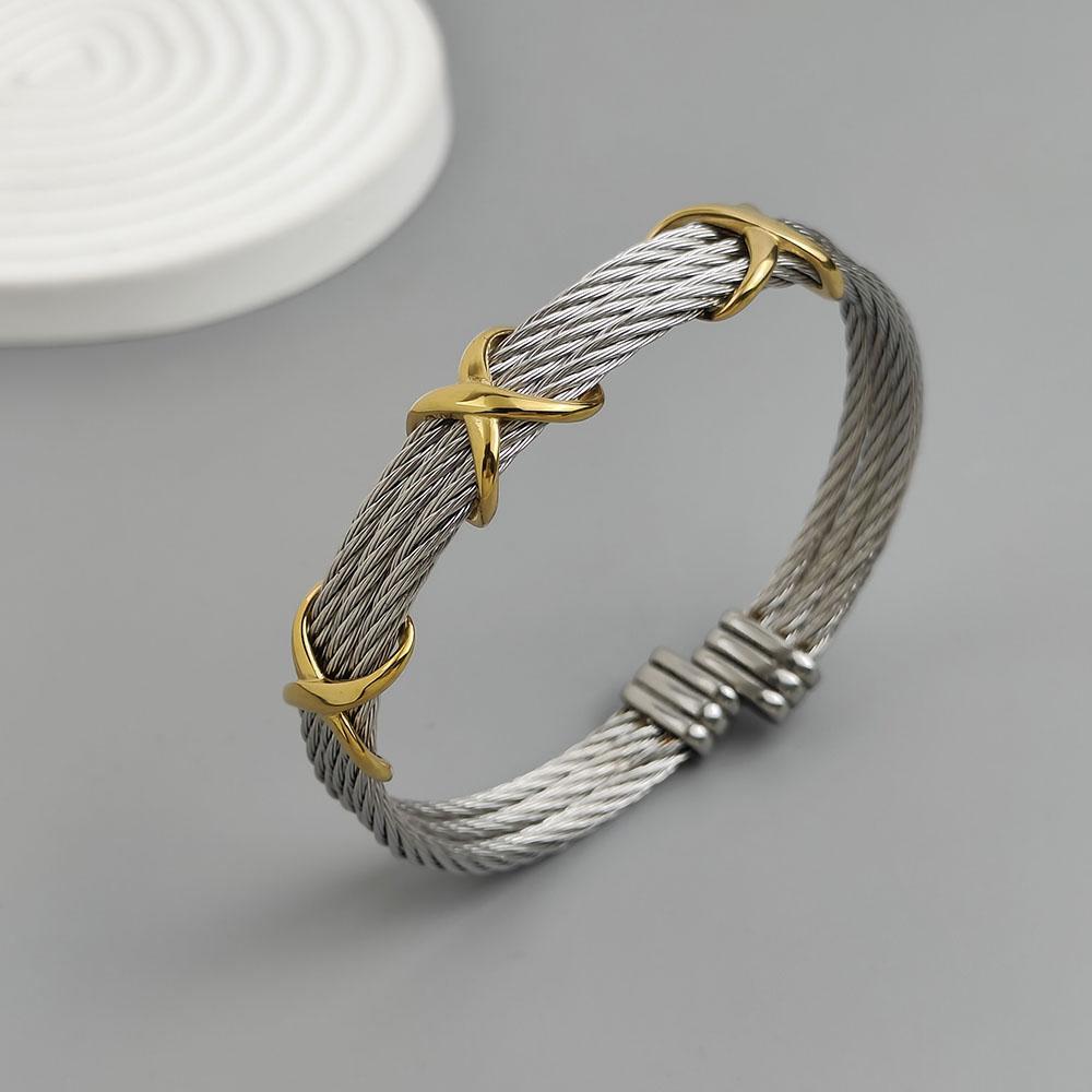 Stainless Steel Letter X Inlaid Zirconium Twist Rope Steel Wire Rope Opening Bracelet Women's Cable Bracelet Party Daily Jewelry