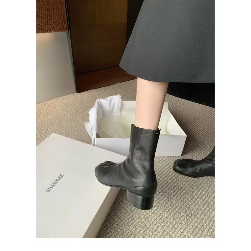 

Boots Leather Split-toed Short Boots Women s One Pedal Middle Heel Vintage Chelsea Boots Bough Heel Martin 40