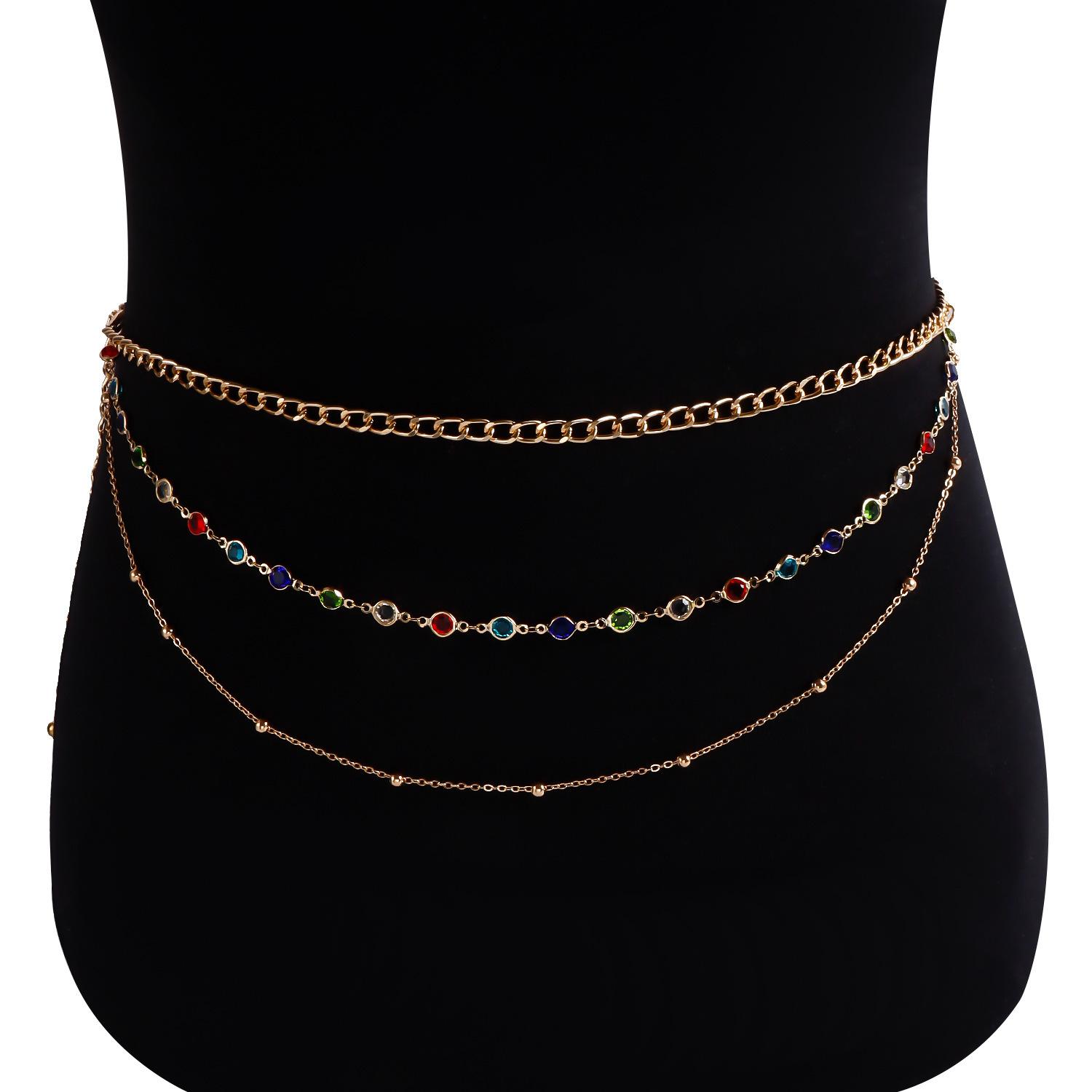 European and American jewelry simple double-layer geometric rhinestone waist chain female sexy hot girl metal body chain versatile