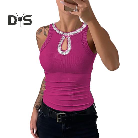 Kadın Yelek Yuvarlak Yaka Kolsuz Parlak Payetli Dekorasyon Atletler Oyuk Tasarım Slim Fit Kamisol Günlük Giyim