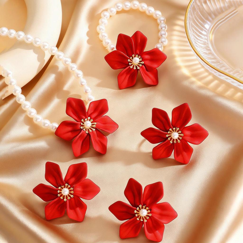 Schickes Set mit roten Blumenohrringen, Armband, Halskette & Perlenring - Damen-Modeaccessoires