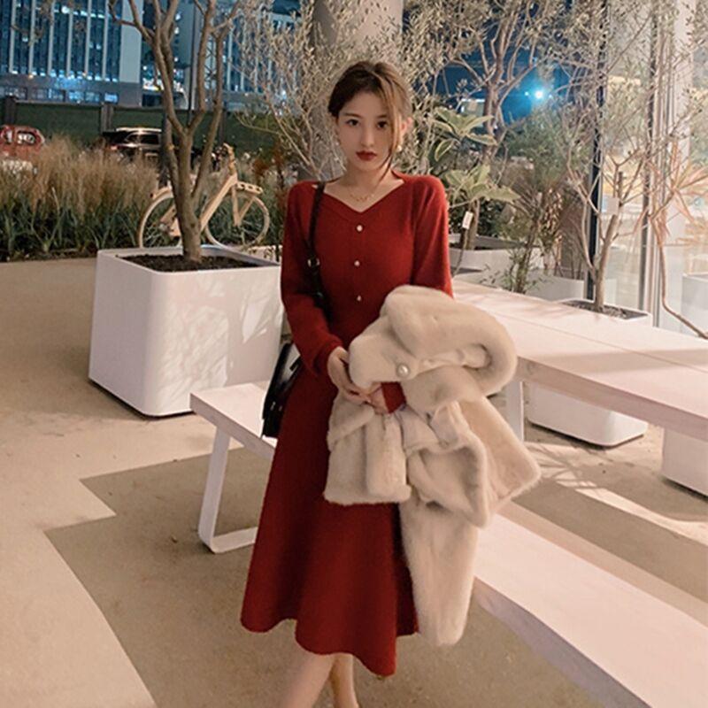 Spring New Temperament Skirt Retro Niche Knitted Dress Women's Waist Slim Skirt
