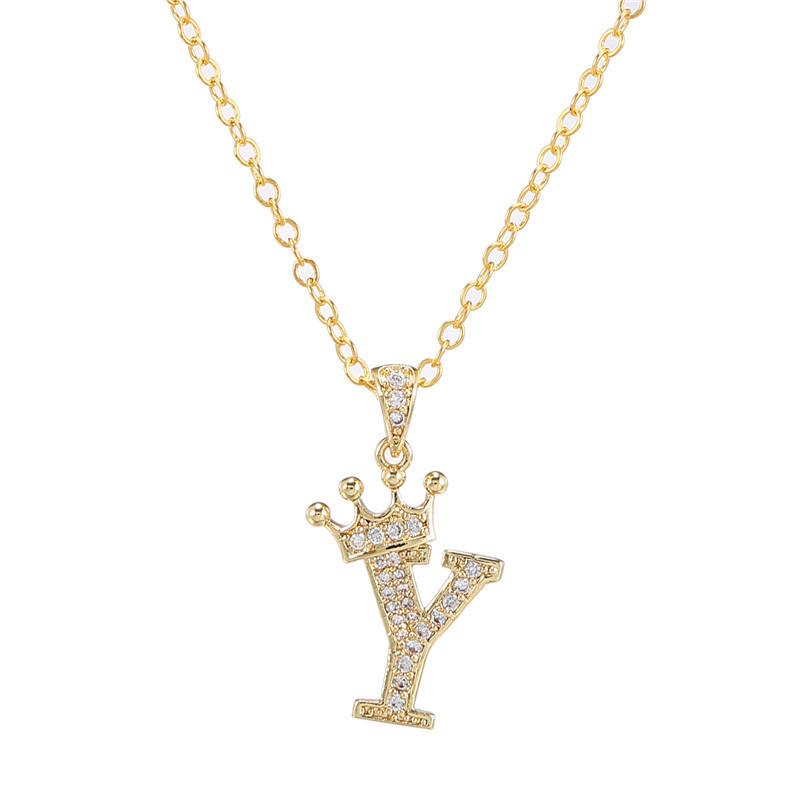 Fashion Cubic Zirconia Crown Letter Pendant Necklace Gold Hip Hop Punk Alphabet Jewelry
