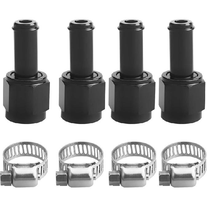 6AN Female to 3/8" Barb Straight Swivel Fitting Adapter Aluminum Black 4Pcs