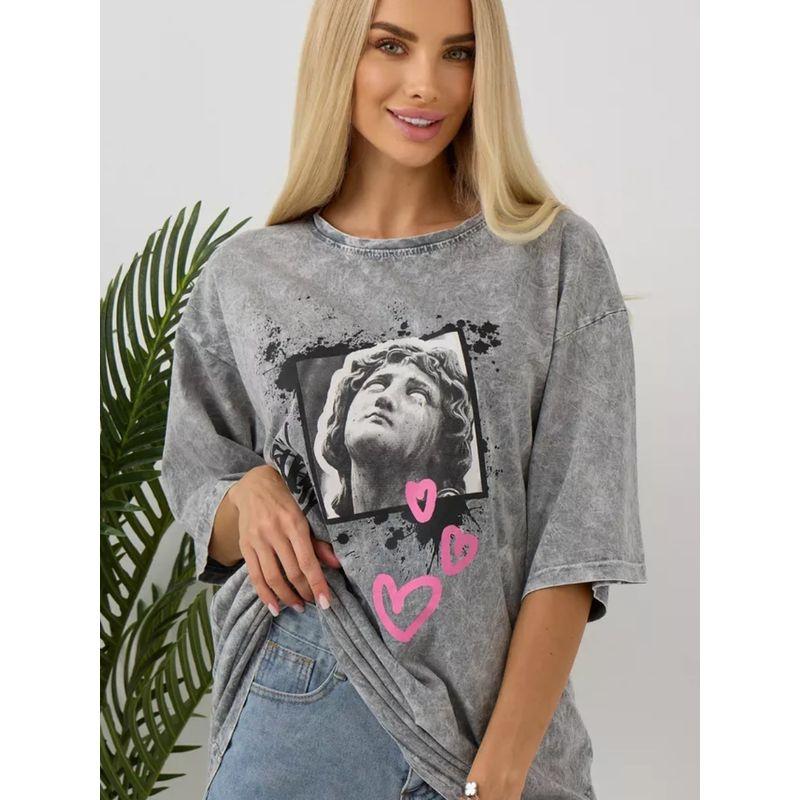 Western Style Fashion Casual Loose Washed Distressed Print Short Sleeve T-shirt Top Printed T-shirt Top