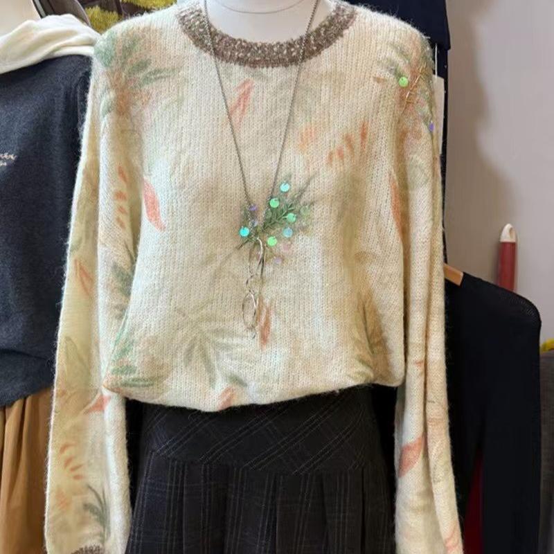 

Женские свитера с цветочным принтом и вставками в корейском стиле, элегантный женский вязаный топ, осенняя мода, универсальный женский пуловер Onesize