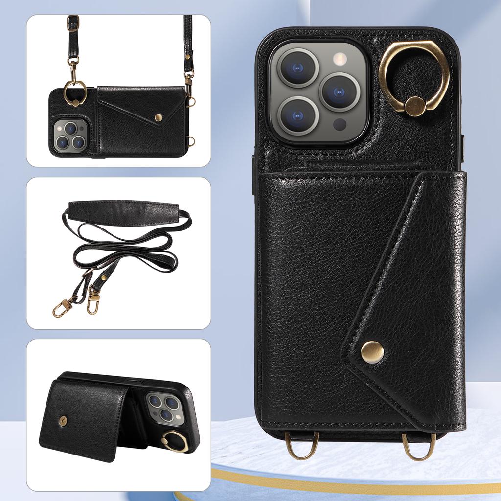 For iPhone 15 Series.for iPhone 15,15 Plus,15 Pro,15 Pro Max Shoulder Strap Rope Ring Bracket Design Card Holder Slots Lichee Pattern Cover Phone Case