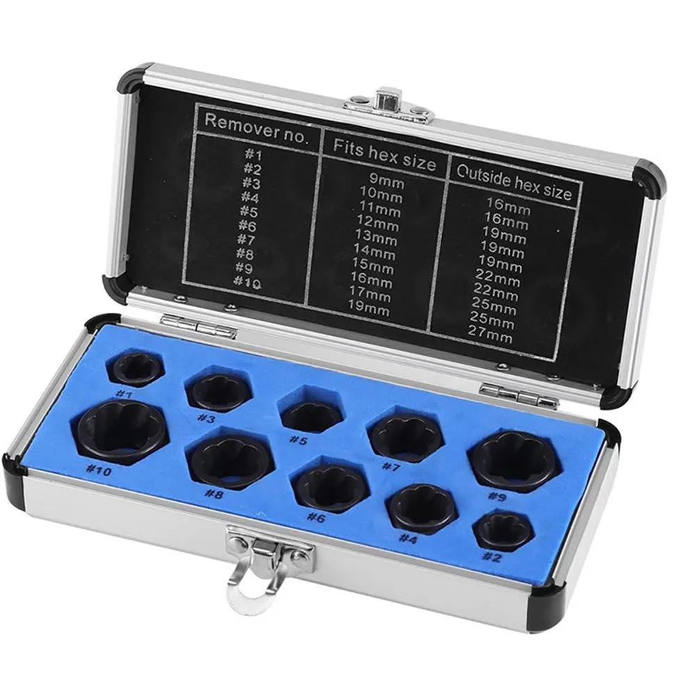 10Pcs Socket Set 9-19mm Damaged Nut Bolt Screw Remover Adopter Car Extractor Threading Tool Box for Electric Drill