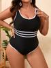 2026 Stylish European & American Plus Size Black & White Stripe Patchwork Slimming Swimsuit