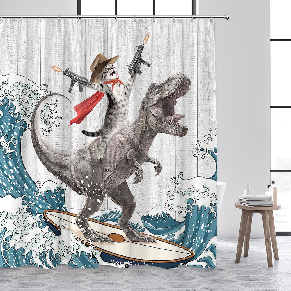 Funny Animals Shower Curtain Cute Diving Dog Cat Riding Shark Brown Bear Ocean Landscape Children Bathroom Curtains Fabric Decor