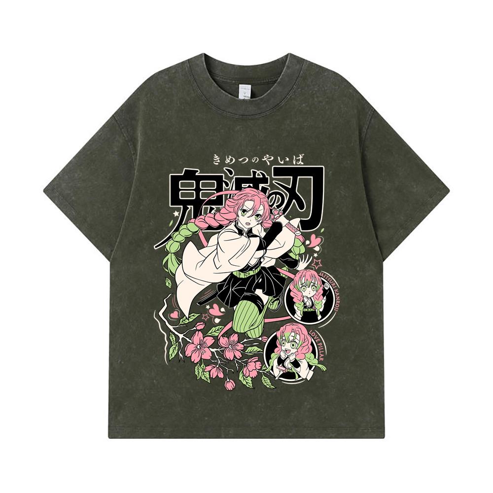 

275 GSM Washed T-shirts 100% Cotton Demon Slayer V6 Mitsuri Print Unisex Heavy Cotton T Shirt S армия зеленый