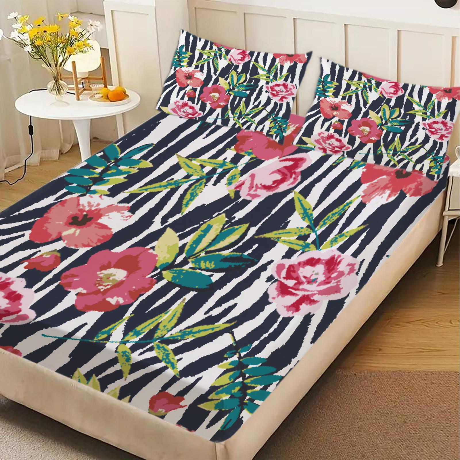 

3pcs Fitted Sheet Set Zebra Stripes Pink Flowers Green Leaves Bed Sheet With Pillowcases For Bedroom Decor 99x190x25cm