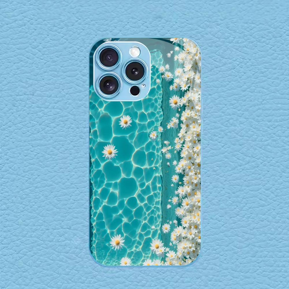 Turquoise Water with White Daisies for iphone 17 case for coque iphone Case fundas Glass for iPhone 17 16 15 14 13 12pm Pro Plus