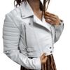 NOORA Womens White Leather Cropped Biker Jacket With Zipper & Pocket | Zip On Sleeves | Belted Jacket | Snap On Collar