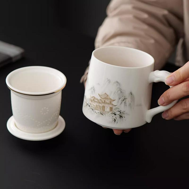 Chinese Style Pattern Tea Filtering and Separation Cup, With Cover White Porcelain Personal Mug, Home Drinkware Ceramic Cup, 1Pc
