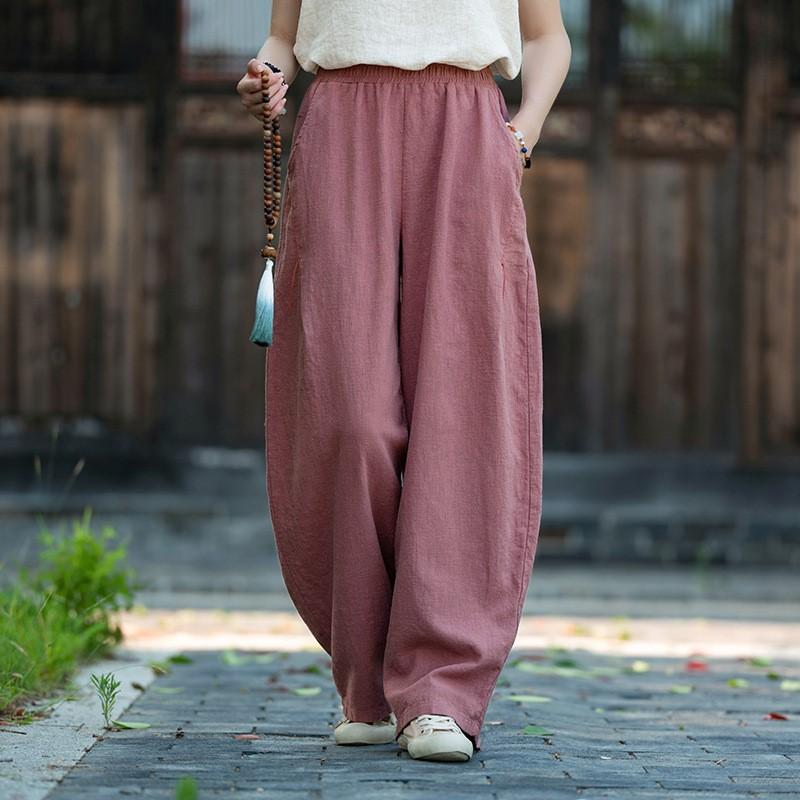 Johnature Vintage Women Bloomers Pants Elastic Waist Solid Color Trousers Autumn Loose Embroidery Pockets Pants