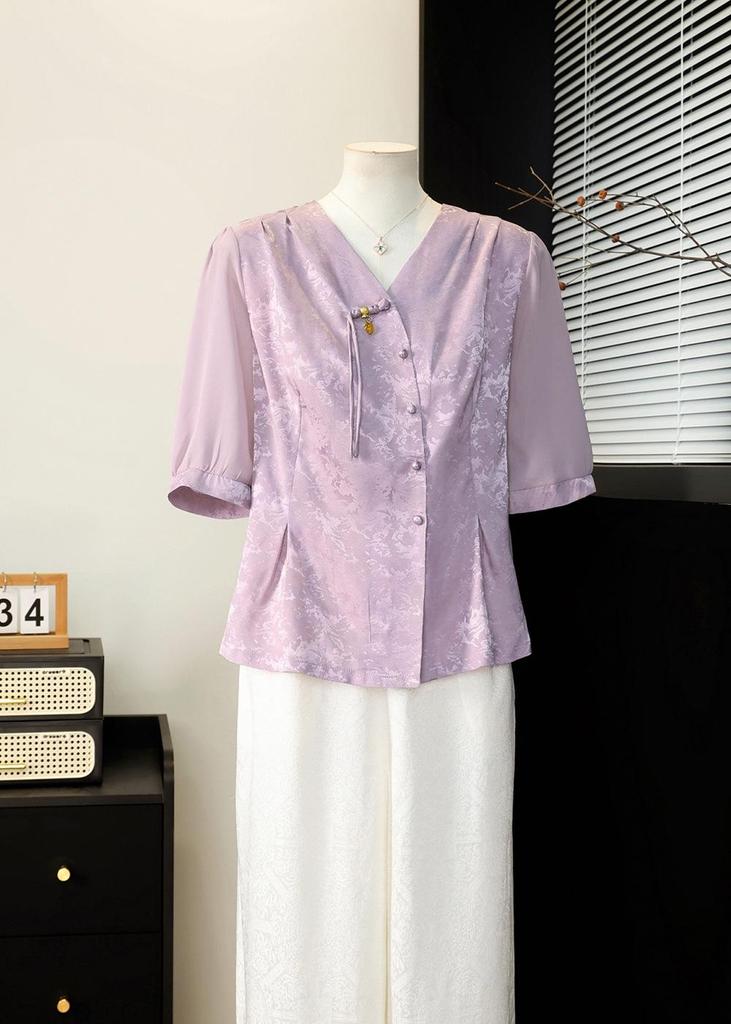 Mother's Day Chinese Style Short Sleeve Top Set for Middle-Aged and Elderly Women - Summer Edition