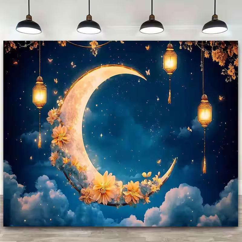 2D Fantasy Night Sky Photography Backdrop with Golden Moon and Floral Accents 47.2x31.5inch/120*80cm