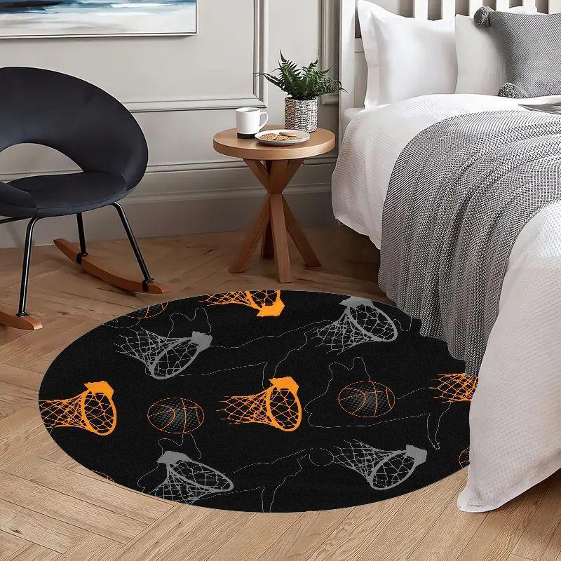Basketball Hoop Rug Flannel Round Mat Sports Decor Gym Room Kids Play Area Home Flooring Non Slip Durable Washable Carpet