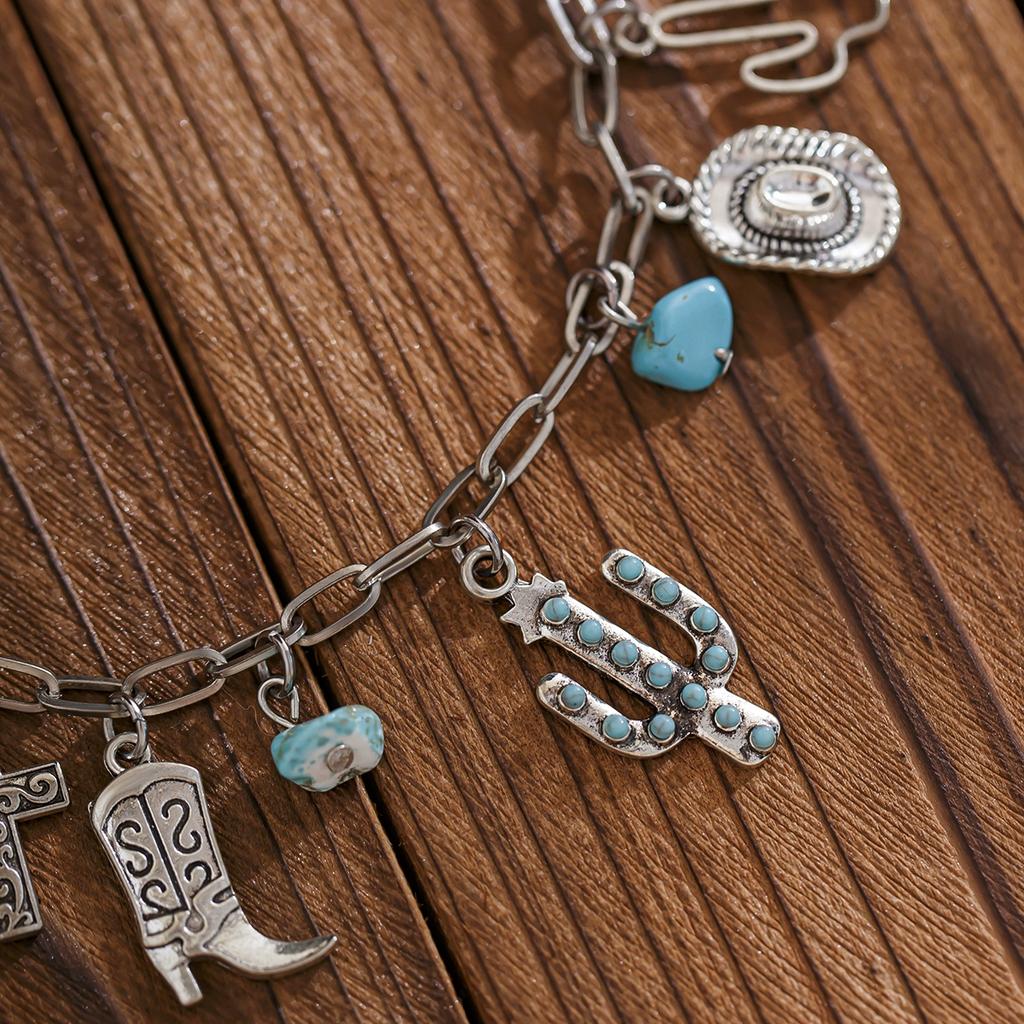 Retro ethnic style imitation turquoise cow head collarbone necklace female western cowboy style hat necklace