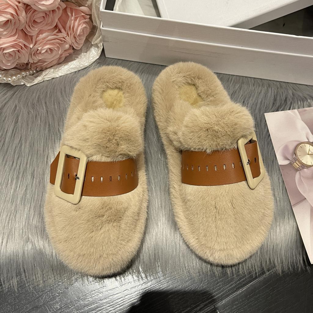 Baotou Halbschlappen Damen Oberbekleidung 2025 Herbst und Winter Neu Gürtelschnalle Mao Mao Hausschuhe Koreanische Version Samt Zuhause Baumwolle Mopp
