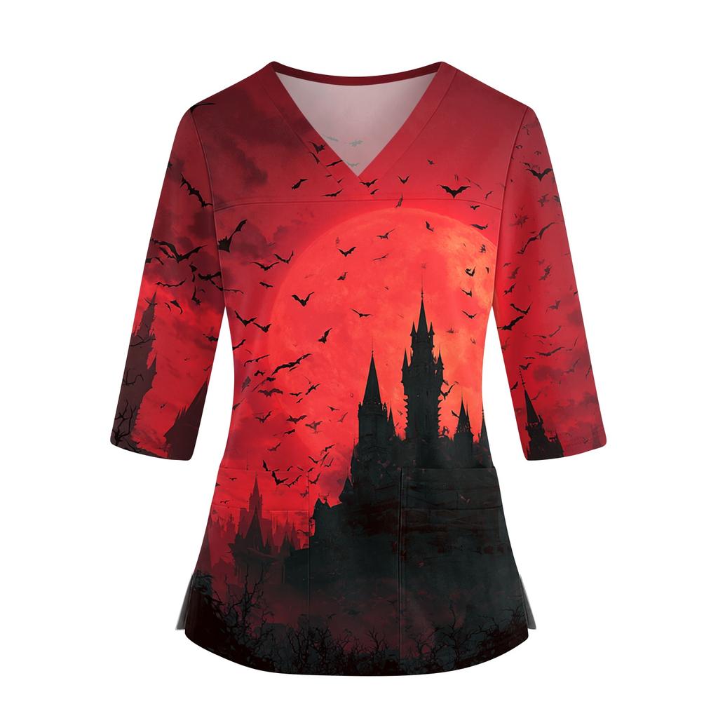 Top da Donna con Stampa di Halloween Scollo a V Manica a Tre Quarti con Tasche Spacchi Laterali Camicia da Costume