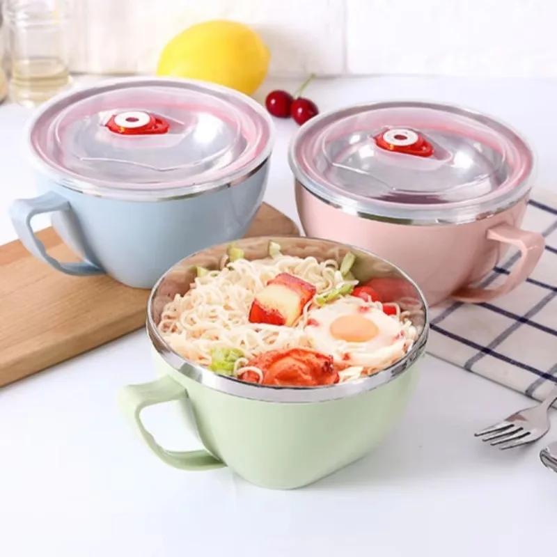 Hot Solid Color Simplicity Instant Bowl With Lid Handle Bento Insulated Fresh-keeping Bowl 304 Multi-purpose Sealed Noodle Bowl