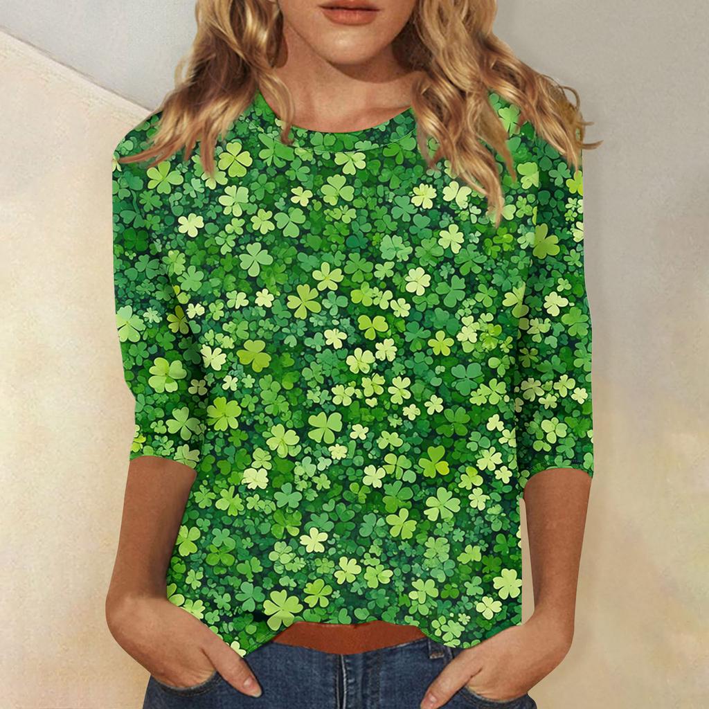 Women's Tops Three-quarter Sleeve Shirt Round-neck Loose Casual Shirt Print T-shirt