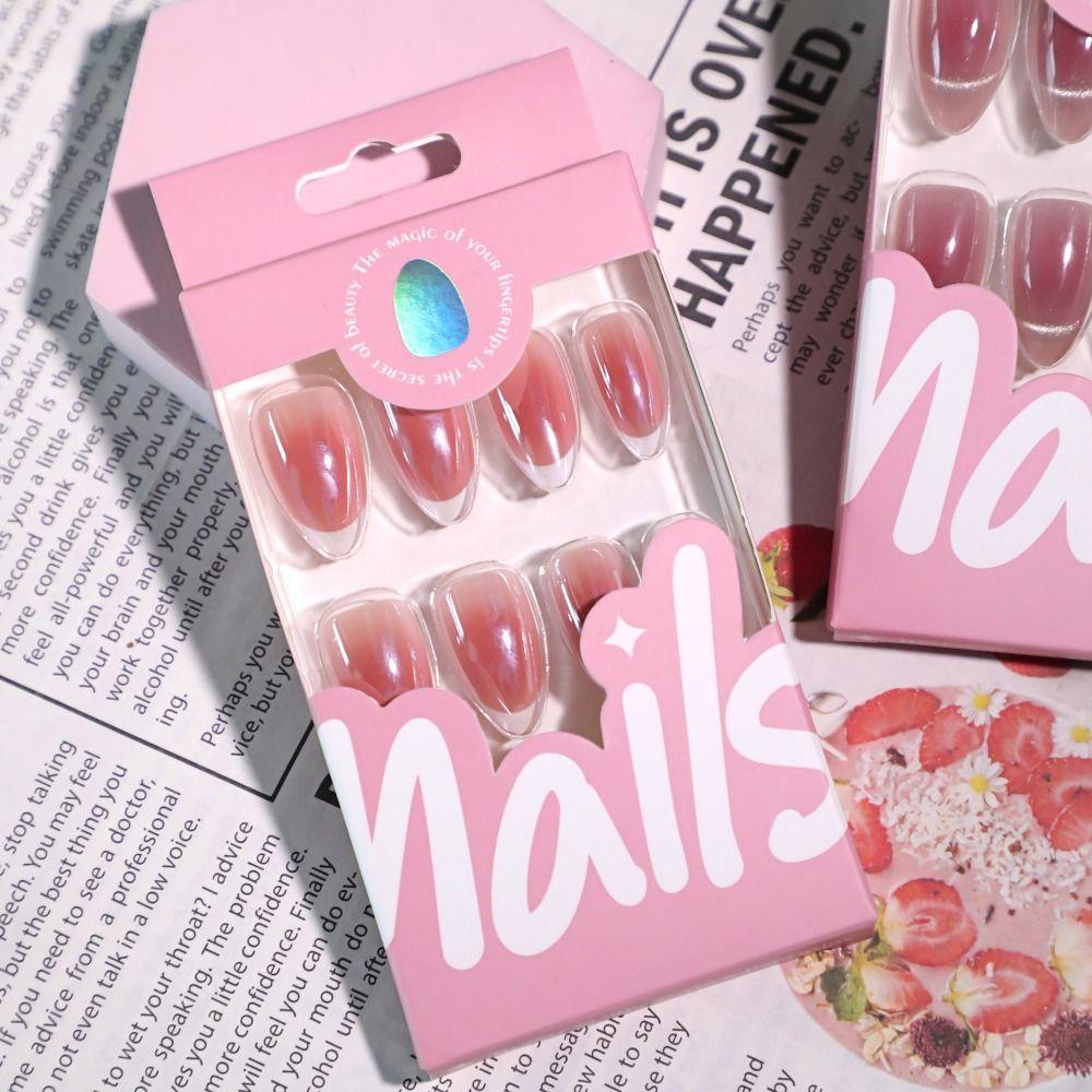 24pcs Manicure Long Almond False Nails Aurora Flower White Edge Press On Nails Detachable French Nail Tips DIY
