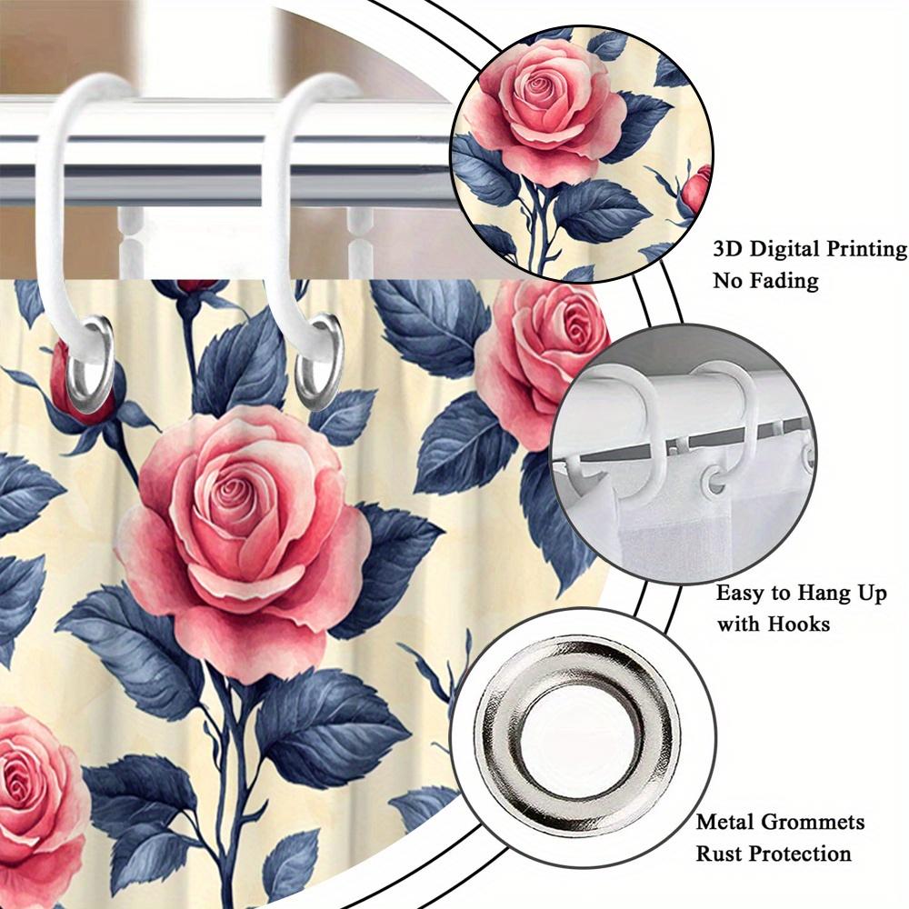 1 Elegant Rose Pattern Shower Curtain With Pink Flowers And Blue Leaves On Cream Background - Polyester Fabric - For Bathroom