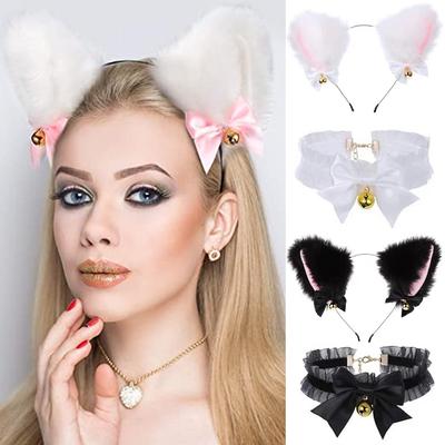 2 Pcs Furry Cat Ears Bells Necklace Plush Headwear Make Up Cosplay Hairband Costume Party