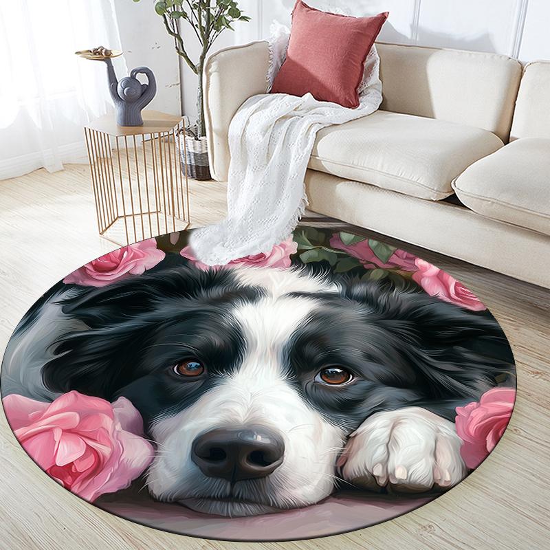 Runder Teppich mit Muster von Border Collie und frischen Blumen, Teppich für Wohnzimmer, Schlafzimmer, Spielzimmer, rutschfeste Fußmatte, Feiertagsgeschenke und Geburtstagsgeschenke.