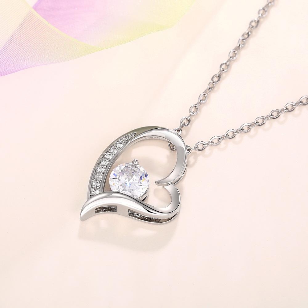 Silver Plated Hollow Heart CZ Pendant Necklace, Twisted Rope Chain Love Necklace for Women