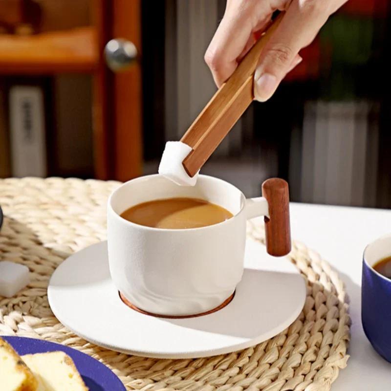 Creative Handmade Vintage Coffee Cup with Saucer Set Exquisite Wooden Handle Ceramic Mugs Light Luxury Breakfast Milk Tea Cups