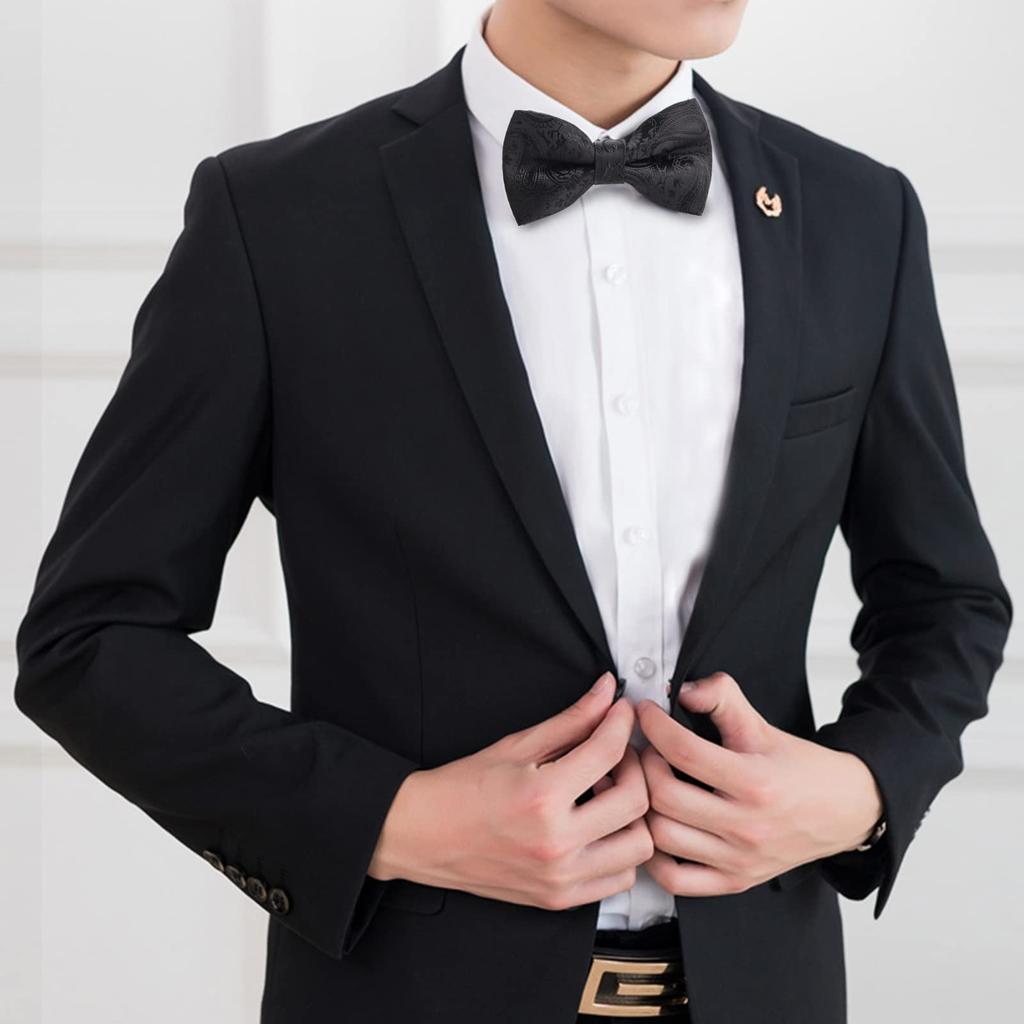 [Apictseoo] Bow Tie for Men, Solid Black Silk, Double Layered, One-Touch, Stylish, Single, Glossy, Hook Closure, Easy To Put On and Take Off,