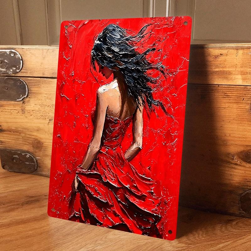 

1 piece: A tin plaque depicting the back of an elegant woman in a red dress against a red background. A modern art style home wa (as the picture,20x30cm)