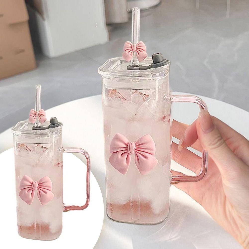 Versatile High Temperature Resistant Matcha Glass With Lids Capacity Glass Straw Cups Bowknot Glasses for Drinking Milk
