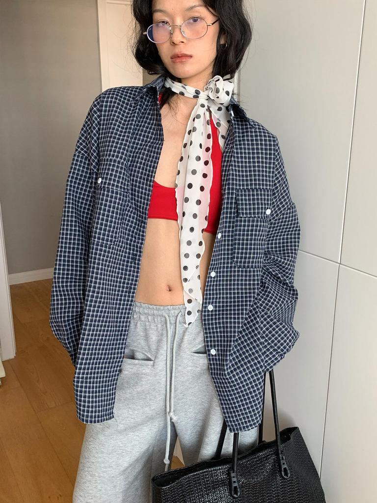 LOOPIN Retro Blau Kariertes Langarm Lockeres Hemd für Damen - Lässig & Vielseitig