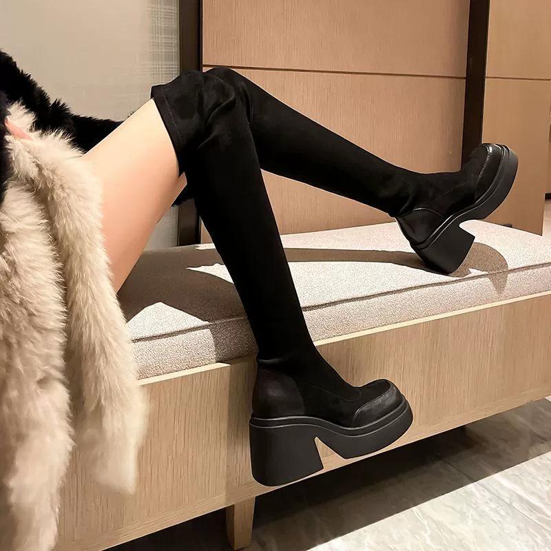Super Long High Boots Women's Thin Bag Thigh Muffin Thick-soled Boots European and American Fashion High-heeled High-tube Elastic Thin Boots