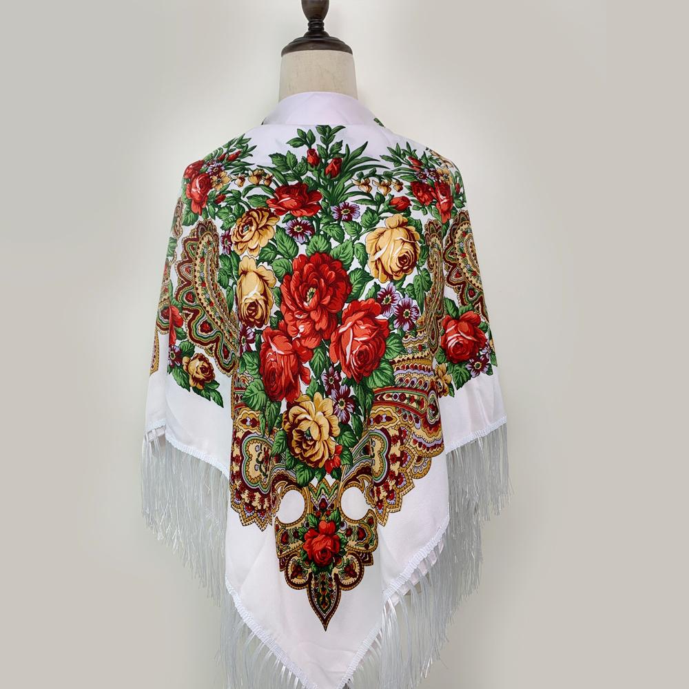 135*135Cm Russian Style Square Scarf For Women Luxury Floral Print Bandana Head Scarves Lades Fringed Shawl Headwraps Foulard