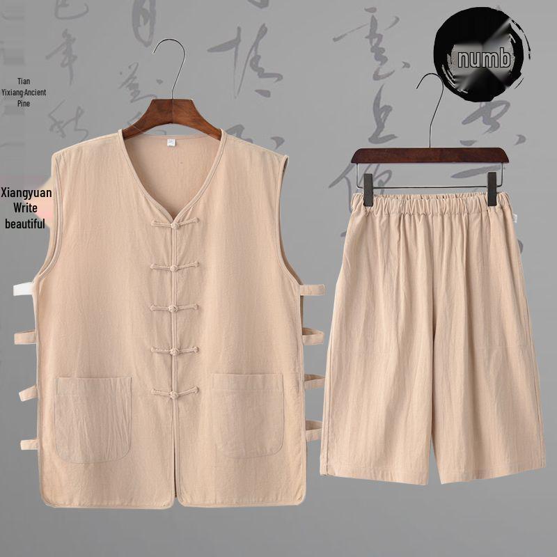 Sleeveless Mandarin Cotton-Linen Vest for Middle-Aged and Elderly Men
