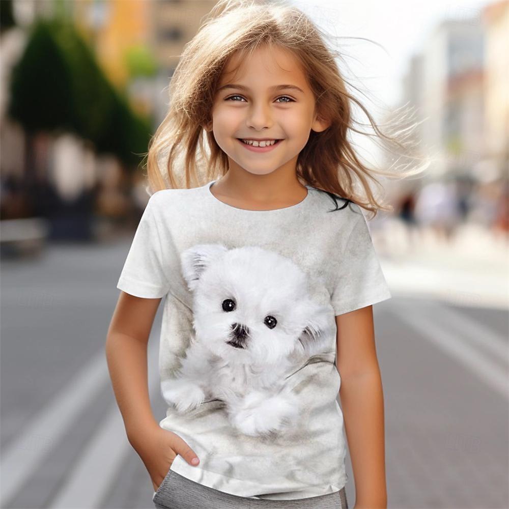 Girls  3D Dog Tee Shirts Short Sleeve 3D Print Summer Active Fashion Cute Kids 3-12 Years Crew Neck Outdoor Casual Daily Regular Fit 110cm