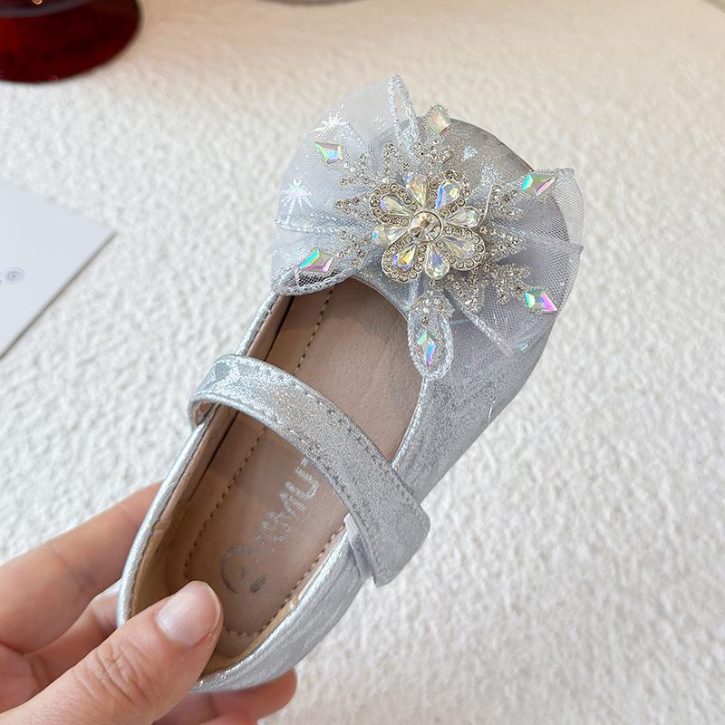 Spring and Autumn New Children's Crystal Shoes Soft Sole Single Leather Shoes Girls Princess Rhinestone Bowknot Shoes