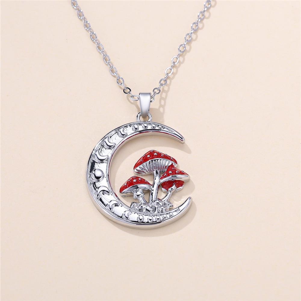 Female Red Enamel Moon Mushroom Pendant Necklace Vintage Silver Color Wedding Jewelry For Women