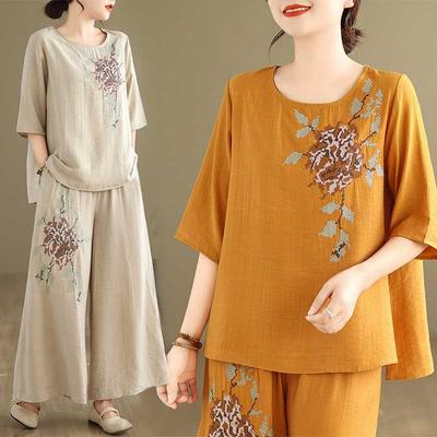 Künstlerisches Baumwollleinen besticktes Oberteil und lässige Hose mit weitem Bein zweiteiliges Set für Damen Sommer einfarbiges Ensemble