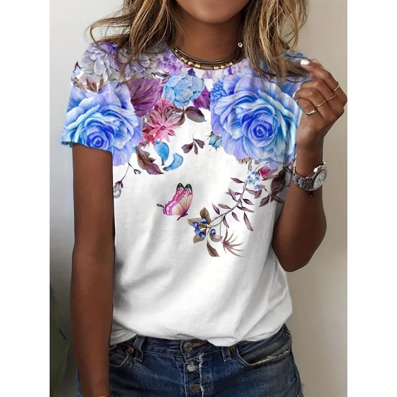 Summer Round Neck 3D Floral Pattern Print Top Fashionable Casual Short Sleeved Women's T-shirts