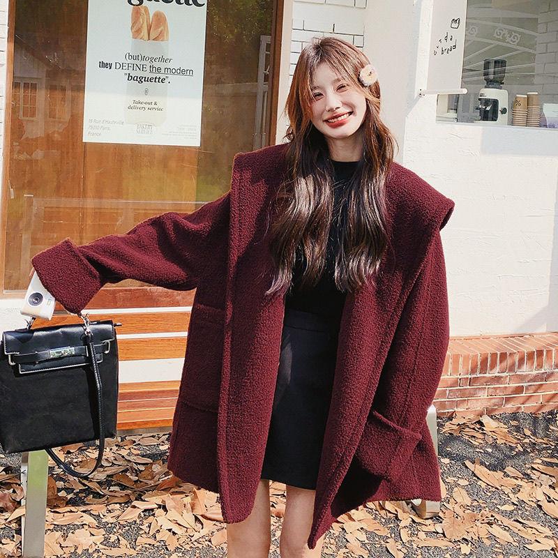Red Thick Hooded Wool Coat Women Winter Fashion Cape Cloak Jacket Warm Outerwear